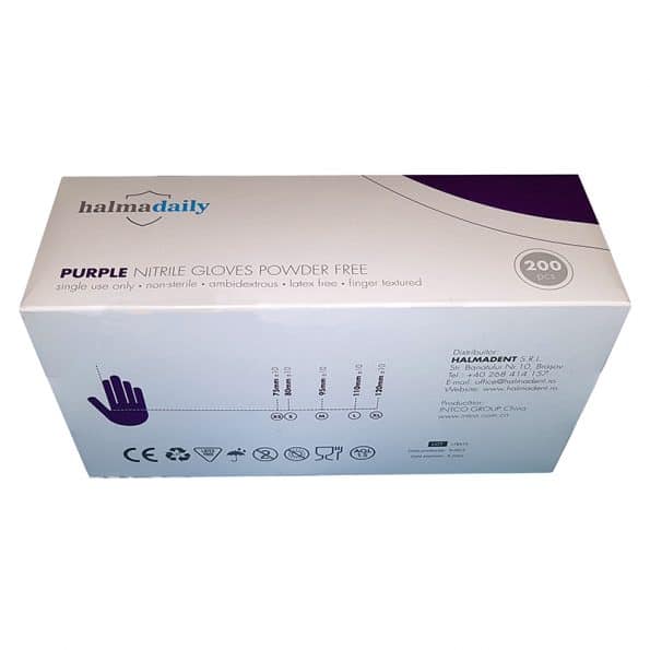 Manusi nitril violet nepudrate, de unica folosinta, marca Halmadaily