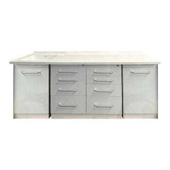 Mobilier stomatologic cu corpuri fixe, structura din otel inoxidabil, blat din marmura si baterie cu senzor